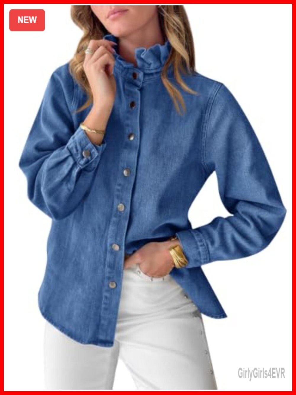 Womens Denim Button Down Shirt Long Sleeve Ruffle Collar Blouse